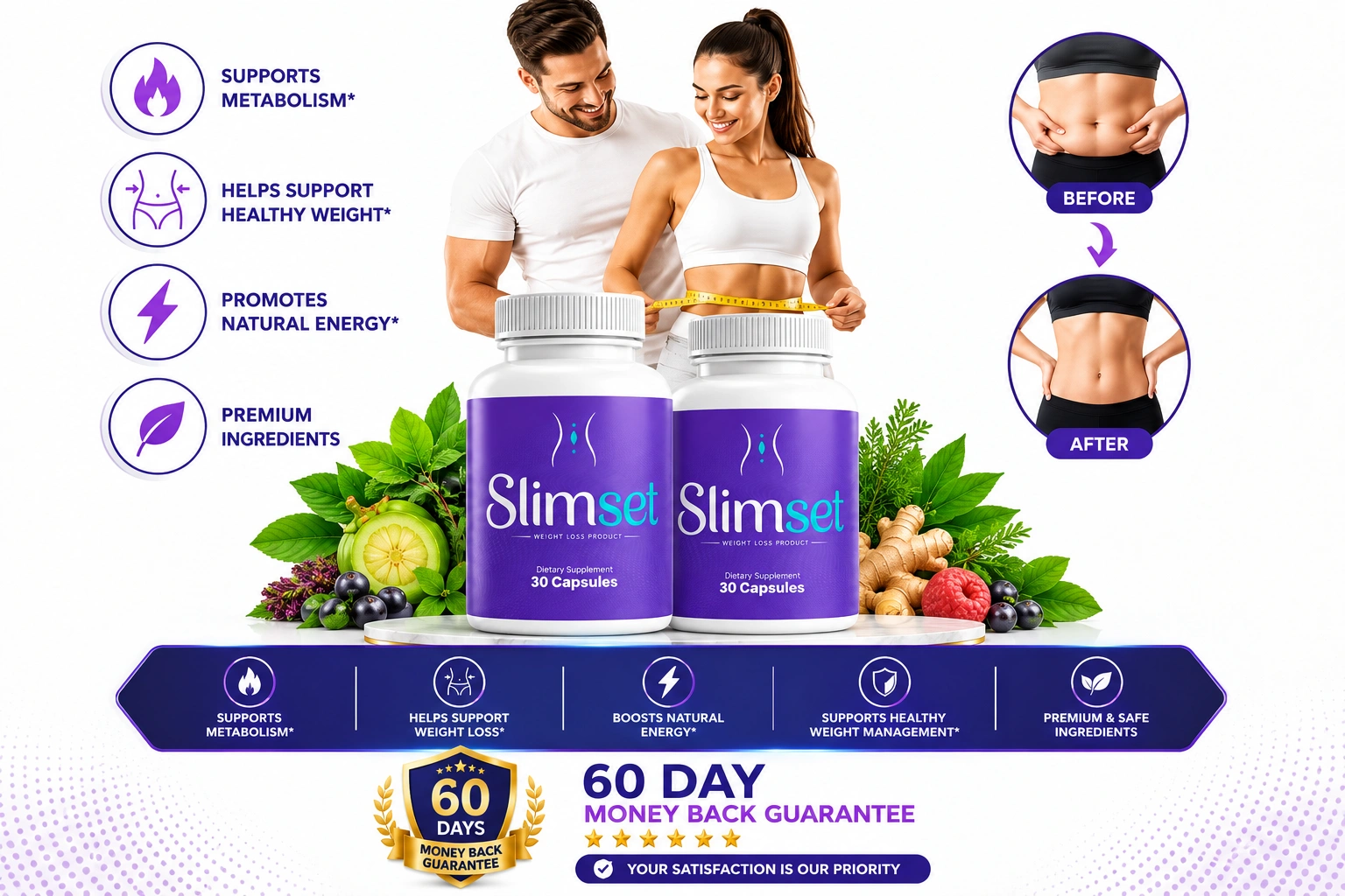 SlimSet™ weight management and wellness supplement bottles